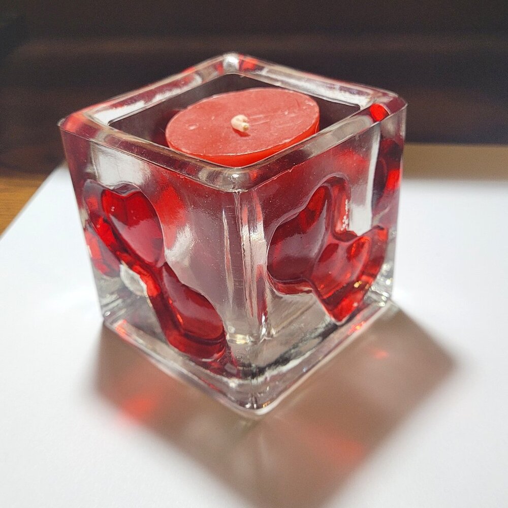 Valentine's Glass Candle Holder with Double Red Hearts Each Side